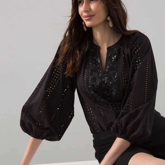 Chico's Black 3/4 Bell Sleeve Blouse with Embroidered Design - Picture 4 of 8